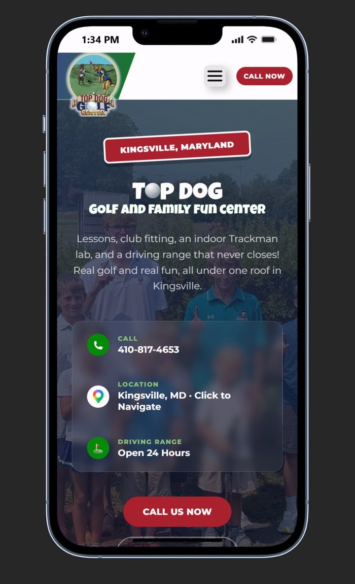 Top Dog Golf Center website after rebuild, mobile view